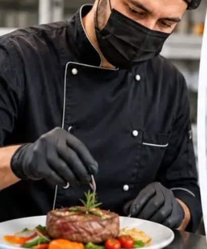 Chef usando guantes de nitrilo negros