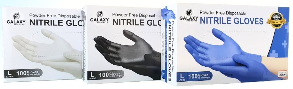 Cajas de guantes de nitrilo Galaxy Products blanco, negro y azul